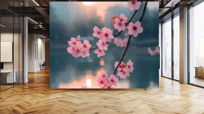 Sunset over a serene lake with reflections of cherry blossom trees, creating a peaceful landscape with pastel pink hues Wall mural