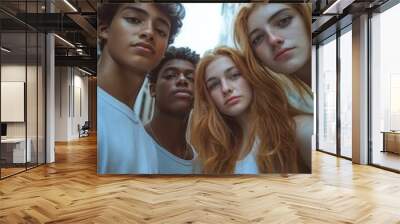 Teenage friends of diverse ethnicities pose for a selfie in an urban environment, dressed in casual attire Wall mural