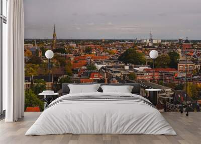 Leeuwarden the capital of the province of Friesland, Netherlands, aerial view from the famous leaning Oldehove tower Wall mural