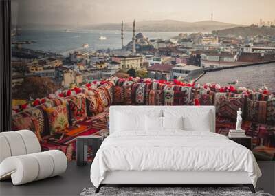 Great panoramic view of Istanbul from high terrace decorated traditional colorful ornamental pillows Wall mural