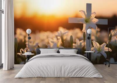 Christian cross with lily flowers outdoors at sunset. The Crucifixion of Jesus. Wall mural