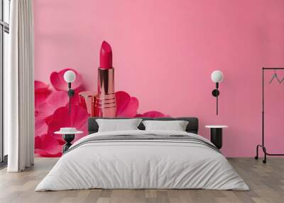 Lipstick on a pink background with rose petals. banner. Advertisement for the catalogue. space for text Wall mural