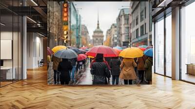 Lots of people with umbrellas and waterproof clothing. Street view on a rainy autumn day. Wall mural