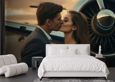 Love passion relationship emotion concept. Young beautiful romantic couple is hugging and kissing near private plane jet. Attractive people woman girlfriend and handsome man boyfriend at the airport Wall mural