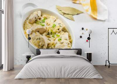 Low calorie dietitian chicken fillet coconut cream sauce in ceramic dish. Space for text. Wall mural