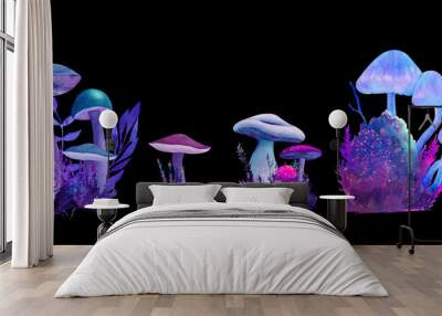 Magic alien mushrooms of different shape with sparkles, colorful collection Wall mural