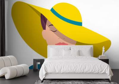 Young woman with dark hair in yellow hat. Colorful flat stock vector illustration. Wall mural