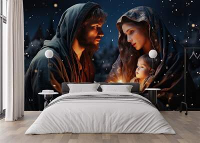 Christmas Nativity scene illustration. Chrismas story. Christmas night, Mary, Joseph and baby Jesus, Son of God, symbol of Christianity Wall mural