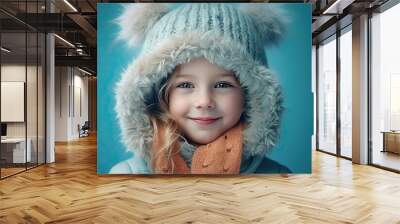 Close-up winter portrait of beautiful smile little girl. Little kid girl in blue jacket and hat playing in the snow while snow is falling.  Wall mural