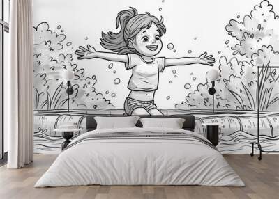 Coloring book: child swimmer playing in the pool of water. cartoon style, black and white line art for children on the theme of sports Wall mural