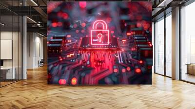 Cyber security and data protection on internet. virtual lock shield, secure access, encrypted connection. Password protected system and storage. Cybersecurity technology red background Wall mural