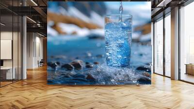 Glass of pouring crystal water against blurred nature snow mountain landscape background, the concept of proper nutrition Wall mural