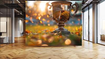 gold winners sports cup on festive blurred sport. stadium background with confetti, design trophy, Golden symbol of winner, sport competition, championship concept Wall mural