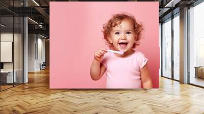 Happy smiling child kid girl brushing teeth with toothbrush on pink background. Health care, dental hygiene. Mockup, copy space. Image generated by AI Wall mural