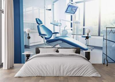 Modern Dental Clinic, Dentist chair and other accessories used by dentists in blue medical light. Image generated by AI Wall mural