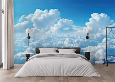 Summer blue sky cloud light white background. Beauty clear cloudy in sunshine calm bright winter air background. Gloomy vivid cyan landscape in environment day horizon skyline view spring wind Wall mural