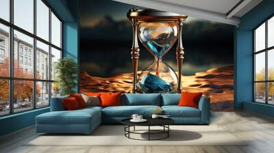 Time is running fast. Hourglass with blue sand inside in mature woman's hand symbolize the brevity of life. Background is sea with beautiful sunlights. Concept of the rapid passage of time.Copy space. Wall mural