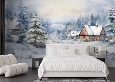 Minimalistic winter panoramic landscape with Copy space, illustration watercolor style. Wall mural