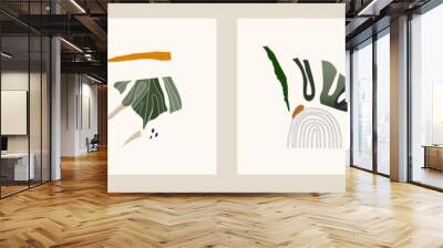 Modern abstract collage with plants. Contemporary wall decor. Collection of creative artistic posters.  Wall mural