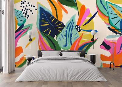 Modern exotic floral jungle pattern. Collage contemporary seamless pattern. Hand drawn cartoon style pattern. Wall mural