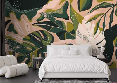 Modern exotic jungle plants illustration pattern. Creative collage contemporary floral seamless pattern. Fashionable template for design. Wall mural