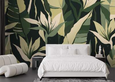 Modern exotic jungle plants illustration pattern. Creative collage contemporary floral seamless pattern. Fashionable template for design. Wall mural