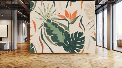 Modern exotic jungle plants illustration pattern. Creative collage contemporary floral seamless pattern. Fashionable template for design. Wall mural