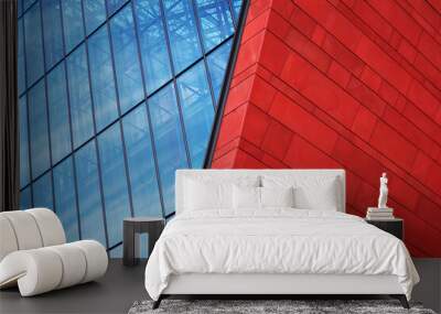 modern glass and red brick building with blue sky background. metal structure glass business center Wall mural