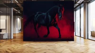 Mystical black horse walking elegantly through a foggy and red-lit environment Wall mural