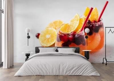 Non-alcoholic cranberry orange spritzer. Selective focus, copy space. Wall mural