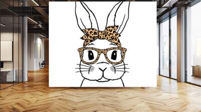 Cute Rabbit Line Art. Bunny With Leopard Bandana and glasses. Easter Bunny. Bunny sketch vector illustration. Good for posters, t shirts, postcards. Wall mural