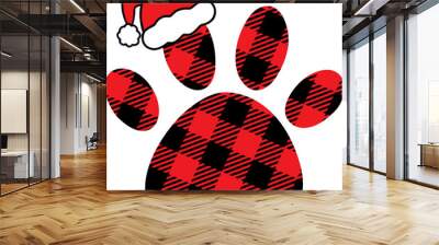 Paw print with Buffalo plaid pattern. Christmas Dog. Happy new year and merry Christmas illustration for pet lovers. Isolated on white background.  Wall mural