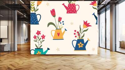 Seamless pattern with garden watering can with flowers. Garden background. Cartoon flat style vector illustration. Wall mural