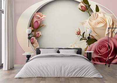 Oval white wooden picture frame on white with empty space for text and framed with roses, AI generative content. Wall mural