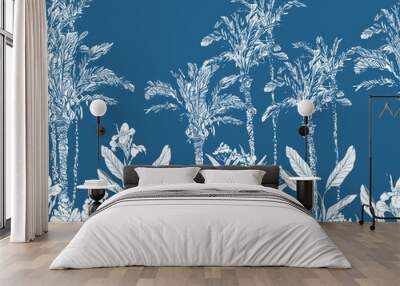 Panoramic Landscape View Palms with Hibiscus, Oleander Flowers on Blue Background, White and Cobalt Blue Hand Drawn Illustration, Horizontal Seamless Border Tropical Trees Wall mural