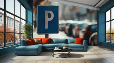 Parking sign is on a pole in front of a row of parked cars. The sign is blue and white and says 