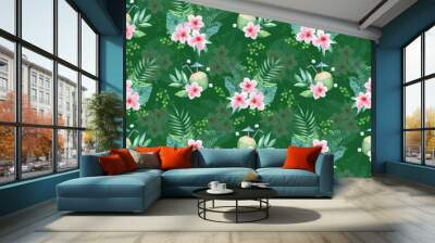 Pattern of pink flowers and leaves 2 Wall mural