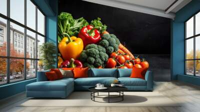 Photorealistic Scattered Fresh Vegetables on Black Background Wall mural