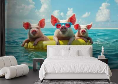 Pig swimming in sea water island coastline concept wallpaper background Wall mural