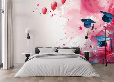 Pink holiday cheer with floating graduate hats, banner. Wall mural