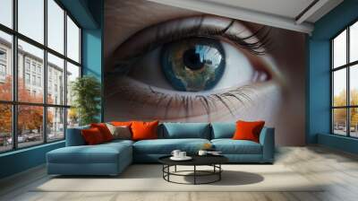 Planet earth in kid child human eye with long eyelashes. World environment and earth day. Save the planet. Environmental ecology concept. Wall mural