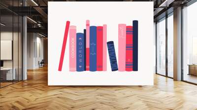 Book spines. Bookshelf with various books. Vector isolated illustration on white background. Wall mural