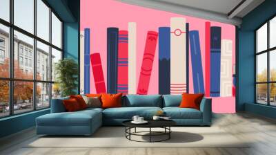 Book spines. large bookshelf with various books. Vector isolated illustration in pink blue colors. Web banner. Wall mural