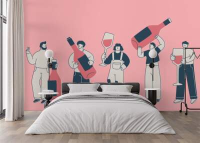 Set of cute characters with huge wine glasses and bottles. Men and women have fun at a party or wine tasting. Vector isolated illustrations for the design of cards, posters or invitations. Wall mural