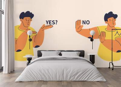 Two persons show offer and rejection. Man does not agree to proposal of other. Refusal or stop for any offer. Isolated flat vector illustration. Wall mural