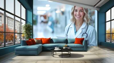 Portrait of a young smiling female doctor in a white coat, with a stethoscope, standing in a hospital. Confident young female therapist takes notes on a tablet. Health and medical care concept Wall mural