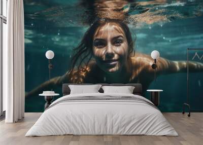 Portrait of smiling young woman under water in swimming pool. Summer vacation and sport concept. Generative Ai technology. Wall mural