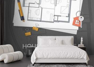 Project architect house plan with tools. Key with symbol of house. Construction background. Wall mural