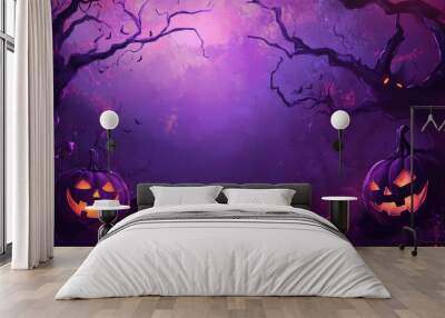 Purple Halloween background with pumpkins and tree. Abstract grunge wallpaper for holiday party Wall mural