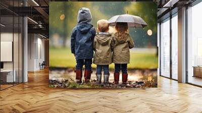 Rear view of a group of children 8 to 10 years old walking in the rain on a rainy overcast day. Wall mural